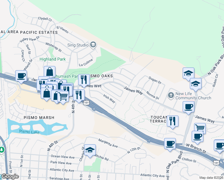 map of restaurants, bars, coffee shops, grocery stores, and more near 645 Vista Pacifica Circle in Pismo Beach