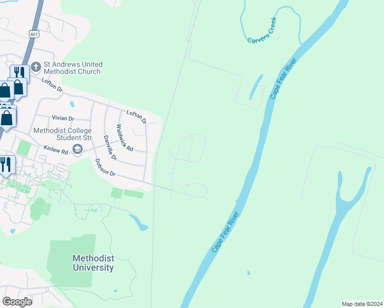 map of restaurants, bars, coffee shops, grocery stores, and more near 5806 Rainsford Drive in Fayetteville