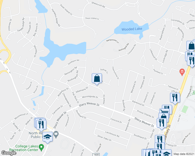 map of restaurants, bars, coffee shops, grocery stores, and more near 506 Nottingham Drive in Fayetteville