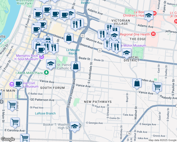 map of restaurants, bars, coffee shops, grocery stores, and more near 538 Linden Avenue in Memphis