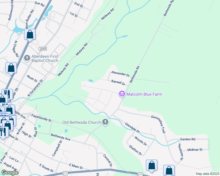 map of restaurants, bars, coffee shops, grocery stores, and more near 705 East L Ives Drive in Aberdeen