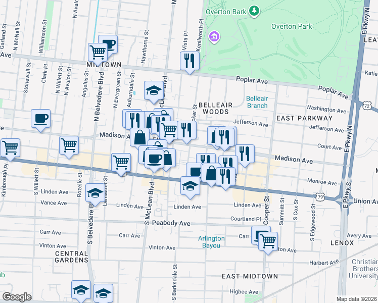 map of restaurants, bars, coffee shops, grocery stores, and more near 16 South Tucker Street in Memphis