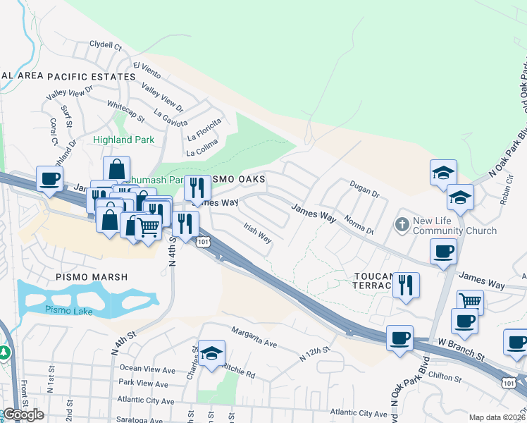 map of restaurants, bars, coffee shops, grocery stores, and more near 645 Vista Pacifica Circle in Pismo Beach