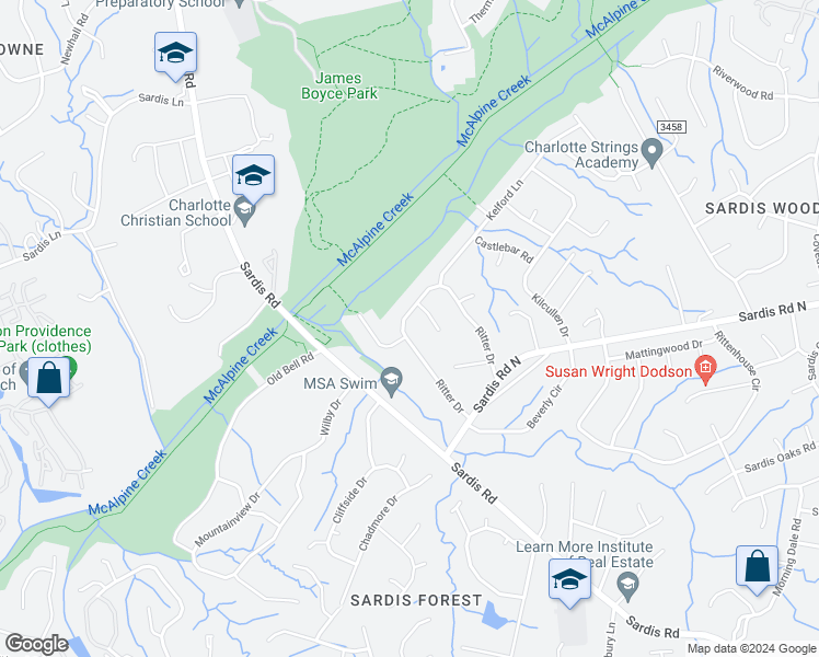 map of restaurants, bars, coffee shops, grocery stores, and more near 7727 Ritter Drive in Charlotte