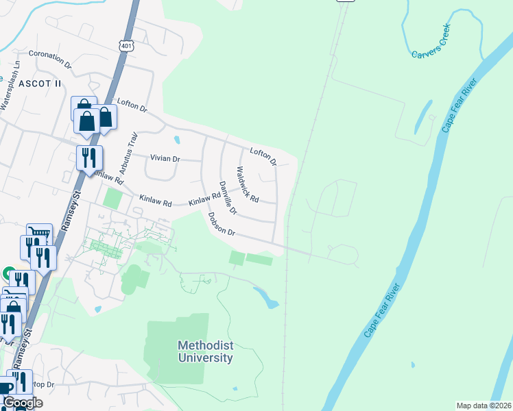 map of restaurants, bars, coffee shops, grocery stores, and more near 5712 Waldwick Road in Fayetteville