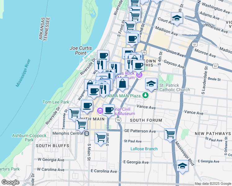 map of restaurants, bars, coffee shops, grocery stores, and more near South 2nd Street in Memphis