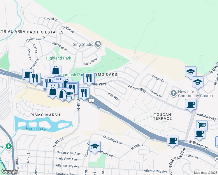 map of restaurants, bars, coffee shops, grocery stores, and more near 618 Vista Pacifica Circle in Pismo Beach