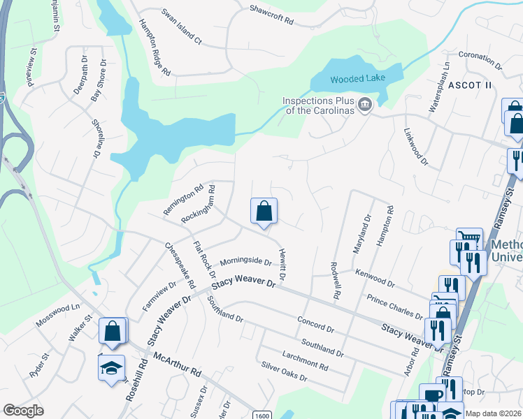 map of restaurants, bars, coffee shops, grocery stores, and more near 525 Nottingham Drive in Fayetteville