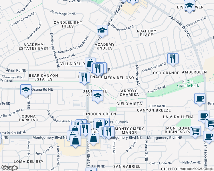map of restaurants, bars, coffee shops, grocery stores, and more near 9900 Spain Road Northeast in Albuquerque