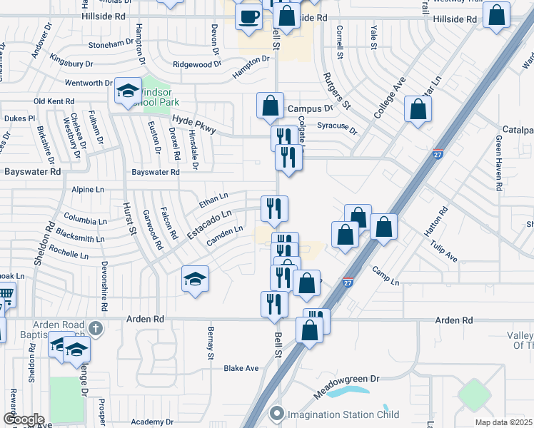 map of restaurants, bars, coffee shops, grocery stores, and more near 6000 Estacado Lane in Amarillo