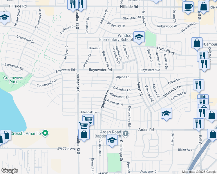 map of restaurants, bars, coffee shops, grocery stores, and more near 6906 Columbia Lane in Amarillo