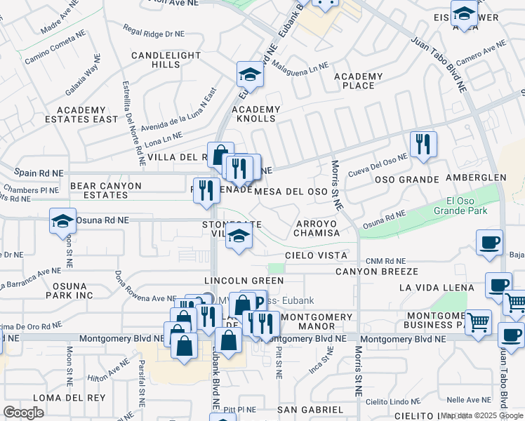 map of restaurants, bars, coffee shops, grocery stores, and more near 9900 Spain Road Northeast in Albuquerque