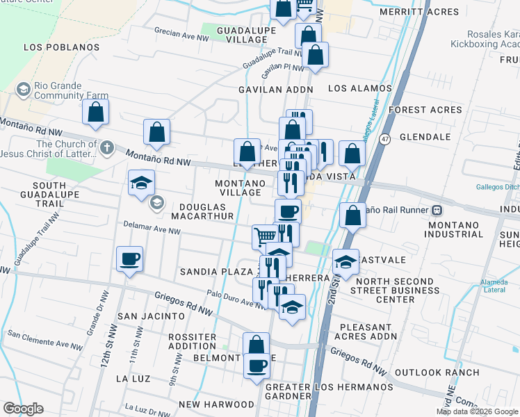 map of restaurants, bars, coffee shops, grocery stores, and more near 5405 6th Street Northwest in Albuquerque