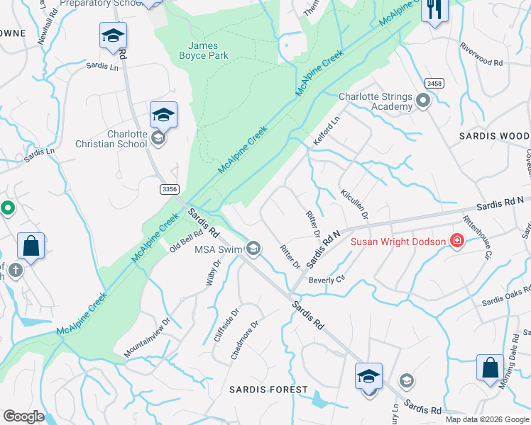 map of restaurants, bars, coffee shops, grocery stores, and more near 7707 Ritter Drive in Charlotte