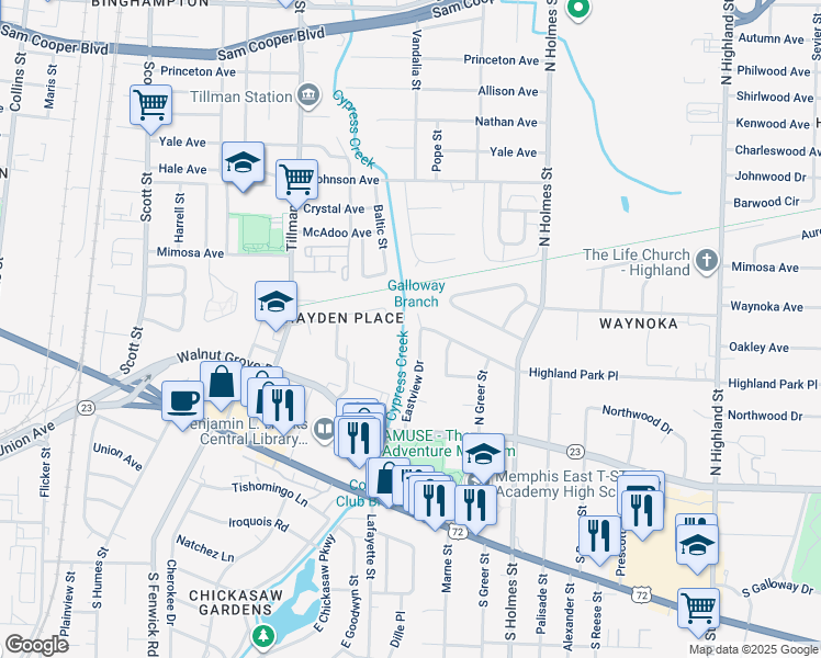 map of restaurants, bars, coffee shops, grocery stores, and more near 3146 Highland Park Place in Memphis