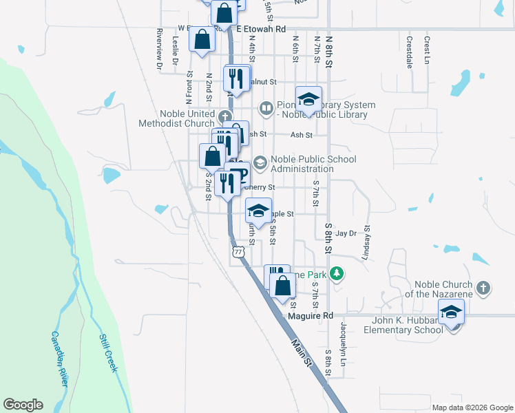 map of restaurants, bars, coffee shops, grocery stores, and more near 310 East Cherry Street in Noble