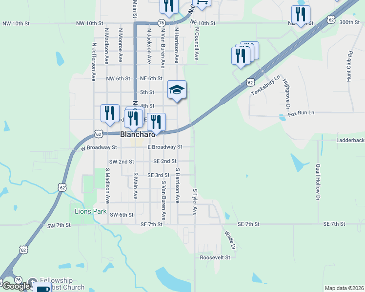 map of restaurants, bars, coffee shops, grocery stores, and more near 118 North Harrison Avenue in Blanchard