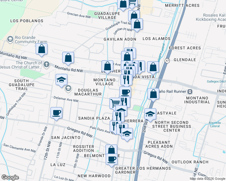 map of restaurants, bars, coffee shops, grocery stores, and more near 5405 6th Street Northwest in Albuquerque