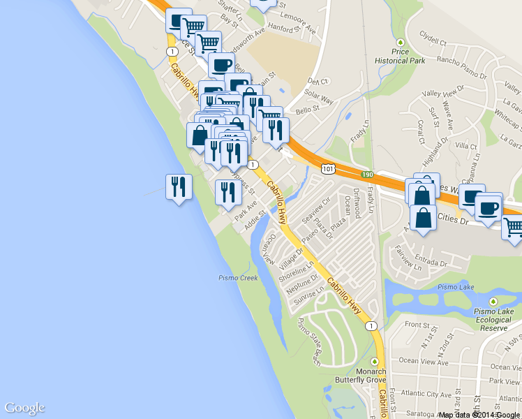 map of restaurants, bars, coffee shops, grocery stores, and more near 263 Cypress Ave in Pismo Beach