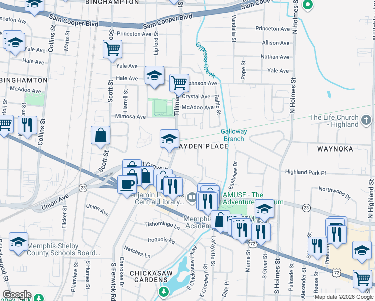 map of restaurants, bars, coffee shops, grocery stores, and more near 3026 Waynoka Avenue in Memphis