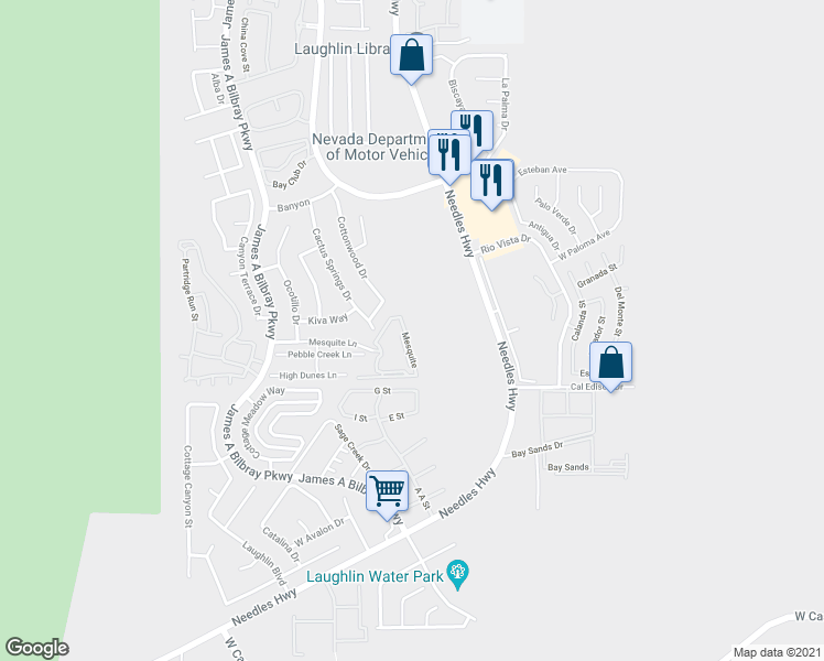 map of restaurants, bars, coffee shops, grocery stores, and more near 2016 Mesquite Lane in Laughlin