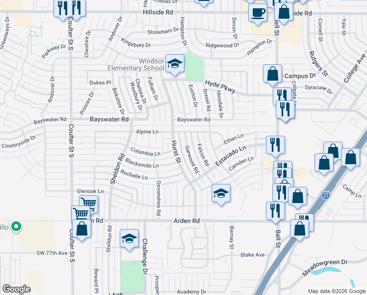 map of restaurants, bars, coffee shops, grocery stores, and more near 6506 Garwood Road in Amarillo