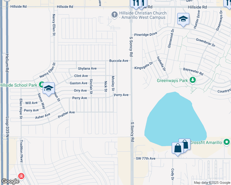 map of restaurants, bars, coffee shops, grocery stores, and more near 6913 Mosley Street in Amarillo
