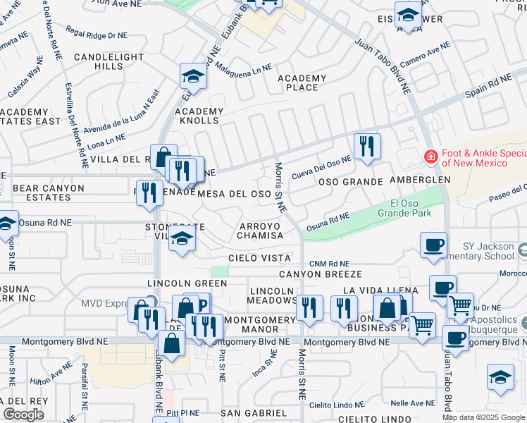 map of restaurants, bars, coffee shops, grocery stores, and more near 5128 Mesa Del Oso Road Northeast in Albuquerque