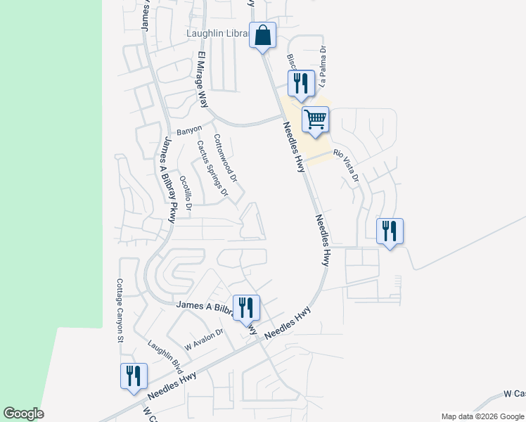 map of restaurants, bars, coffee shops, grocery stores, and more near 2012 Mesquite Lane in Laughlin