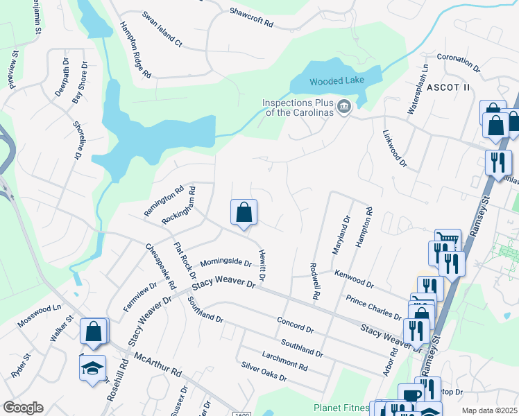 map of restaurants, bars, coffee shops, grocery stores, and more near 5314 Westminster Drive in Fayetteville