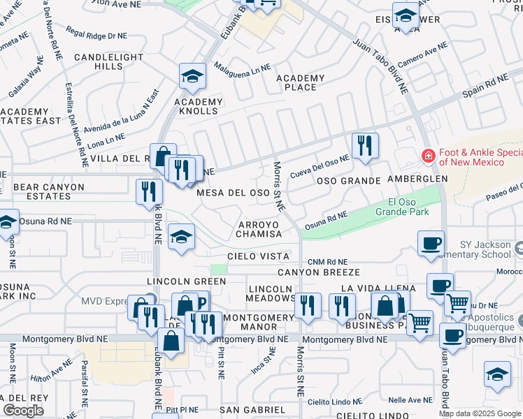map of restaurants, bars, coffee shops, grocery stores, and more near 5128 Mesa Del Oso Road Northeast in Albuquerque