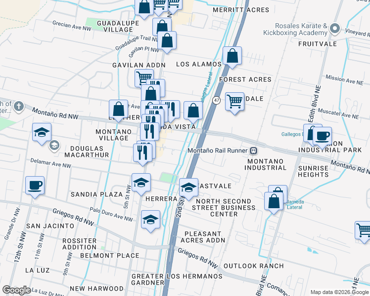 map of restaurants, bars, coffee shops, grocery stores, and more near 206 Sanchez Road in Albuquerque