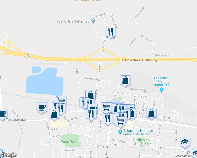 map of restaurants, bars, coffee shops, grocery stores, and more near 507 South Mill Street in Tehachapi