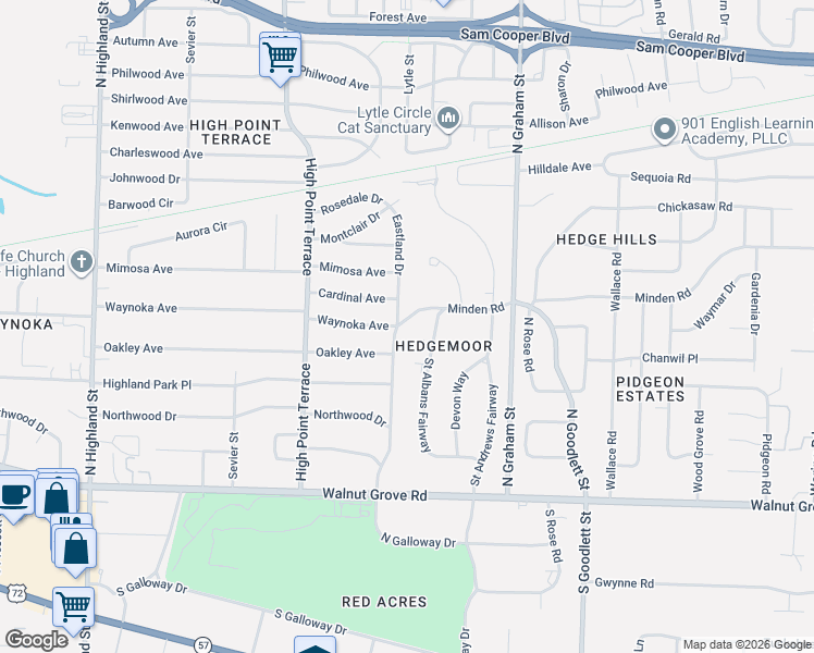map of restaurants, bars, coffee shops, grocery stores, and more near 220 Eastland Drive in Memphis