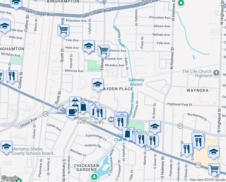 map of restaurants, bars, coffee shops, grocery stores, and more near 3068 Waynoka Avenue in Memphis