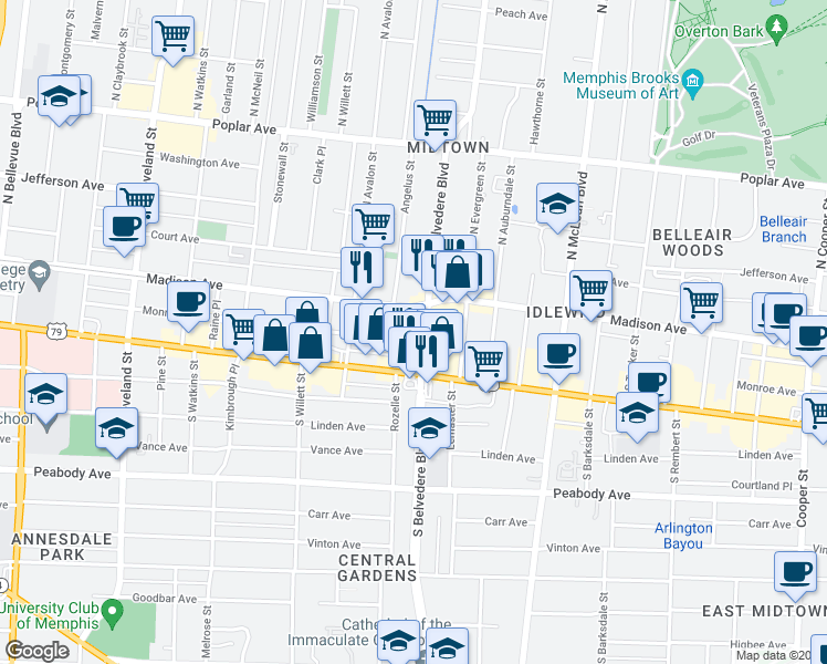 map of restaurants, bars, coffee shops, grocery stores, and more near 1661 Madison Avenue in Memphis