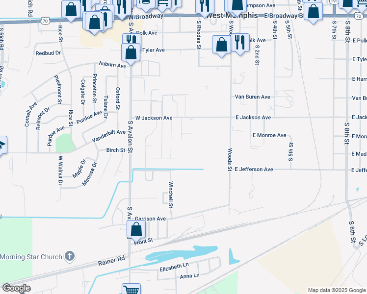 map of restaurants, bars, coffee shops, grocery stores, and more near 9 McArthur Street in West Memphis