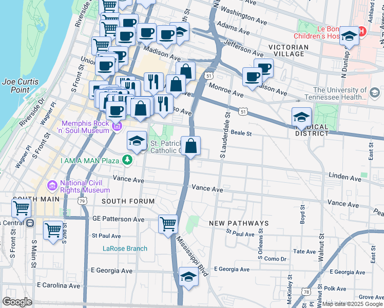 map of restaurants, bars, coffee shops, grocery stores, and more near 480 Linden Avenue in Memphis