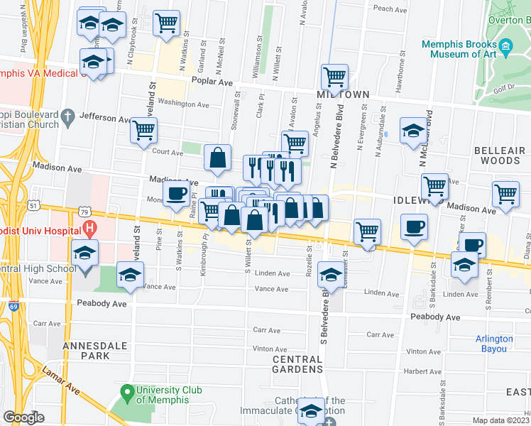 map of restaurants, bars, coffee shops, grocery stores, and more near Monroe Avenue & South Willett Street in Memphis