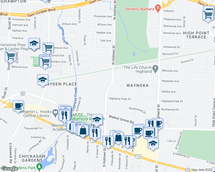 map of restaurants, bars, coffee shops, grocery stores, and more near 187 North Holmes Street in Memphis