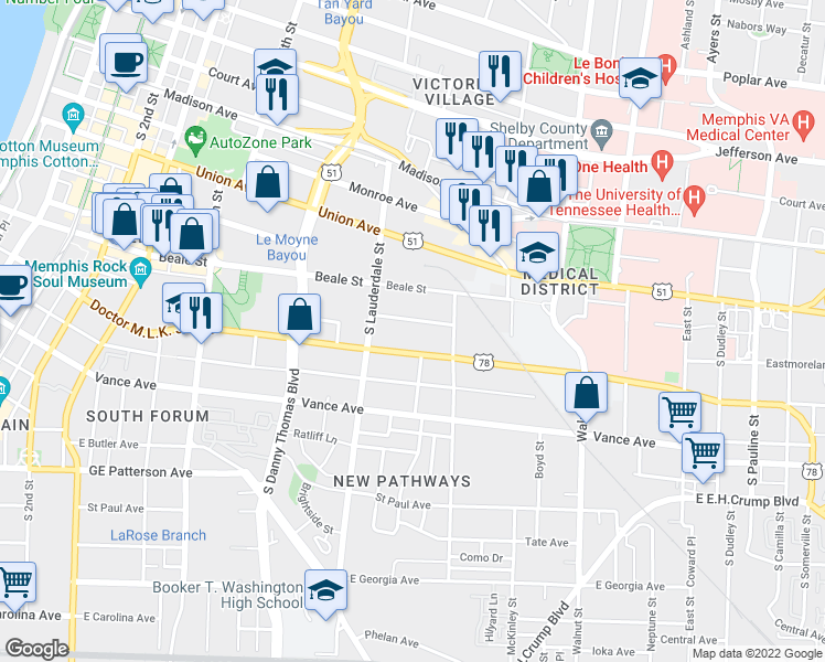 map of restaurants, bars, coffee shops, grocery stores, and more near 593 Jessamine Avenue in Memphis