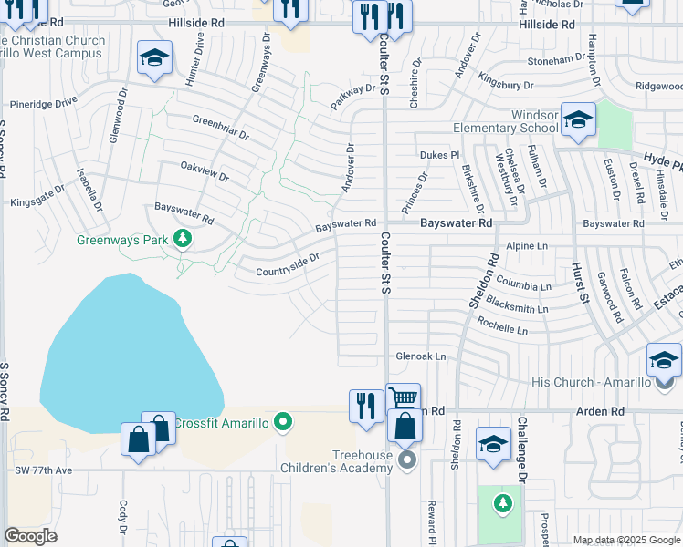 map of restaurants, bars, coffee shops, grocery stores, and more near 7415 Cason Drive in Amarillo