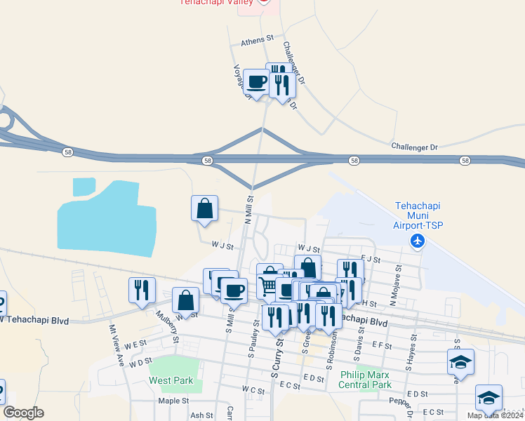 map of restaurants, bars, coffee shops, grocery stores, and more near 408 North Mill Street in Tehachapi
