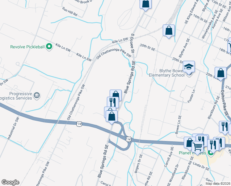 map of restaurants, bars, coffee shops, grocery stores, and more near 2208 Blue Springs Road Southeast in Cleveland