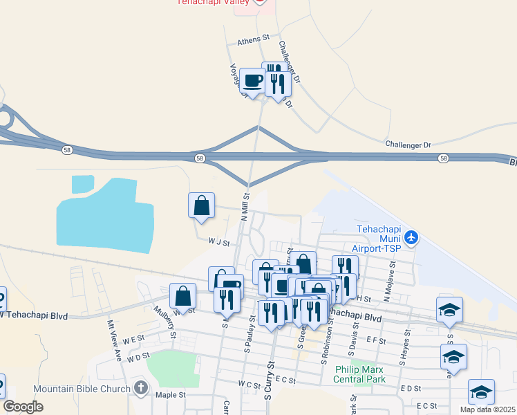 map of restaurants, bars, coffee shops, grocery stores, and more near 408 North Mill Street in Tehachapi