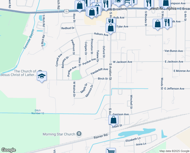 map of restaurants, bars, coffee shops, grocery stores, and more near in West Memphis