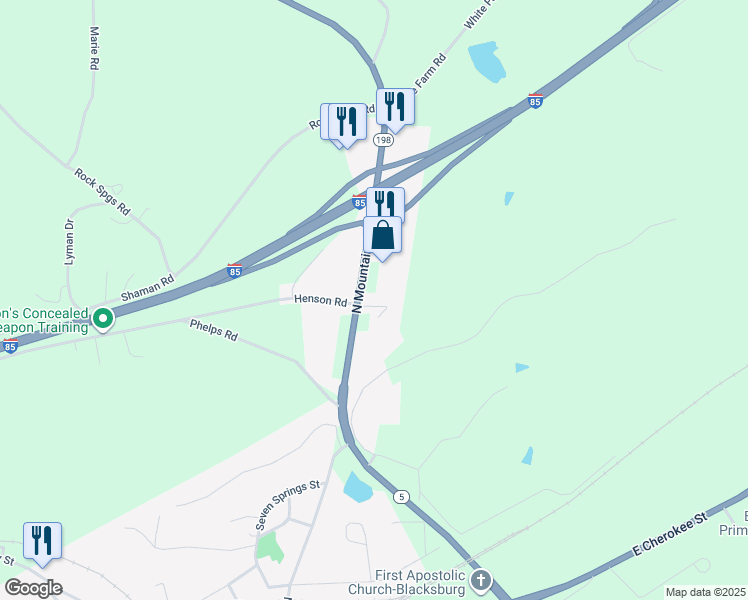 map of restaurants, bars, coffee shops, grocery stores, and more near 109 Sizemore Acres Lane in Blacksburg