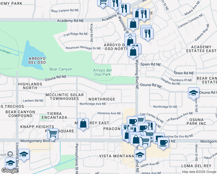 map of restaurants, bars, coffee shops, grocery stores, and more near 4925 Brenda Street Northeast in Albuquerque