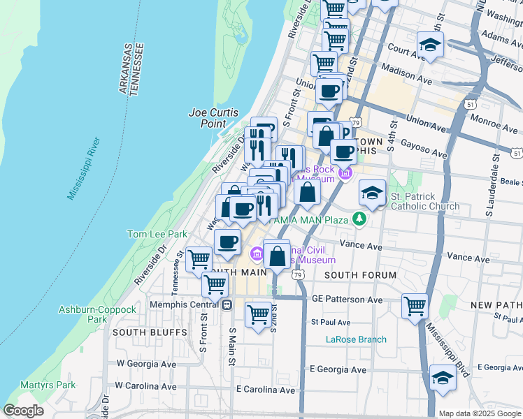 map of restaurants, bars, coffee shops, grocery stores, and more near 325 South Main Street in Memphis