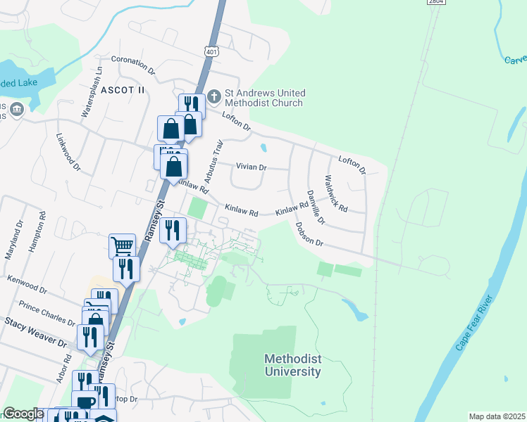 map of restaurants, bars, coffee shops, grocery stores, and more near 273 Kinlaw Road in Fayetteville